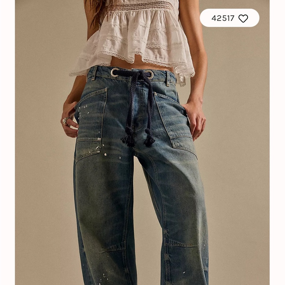 We The Free Distressed Barrel Blue Denim Jeans